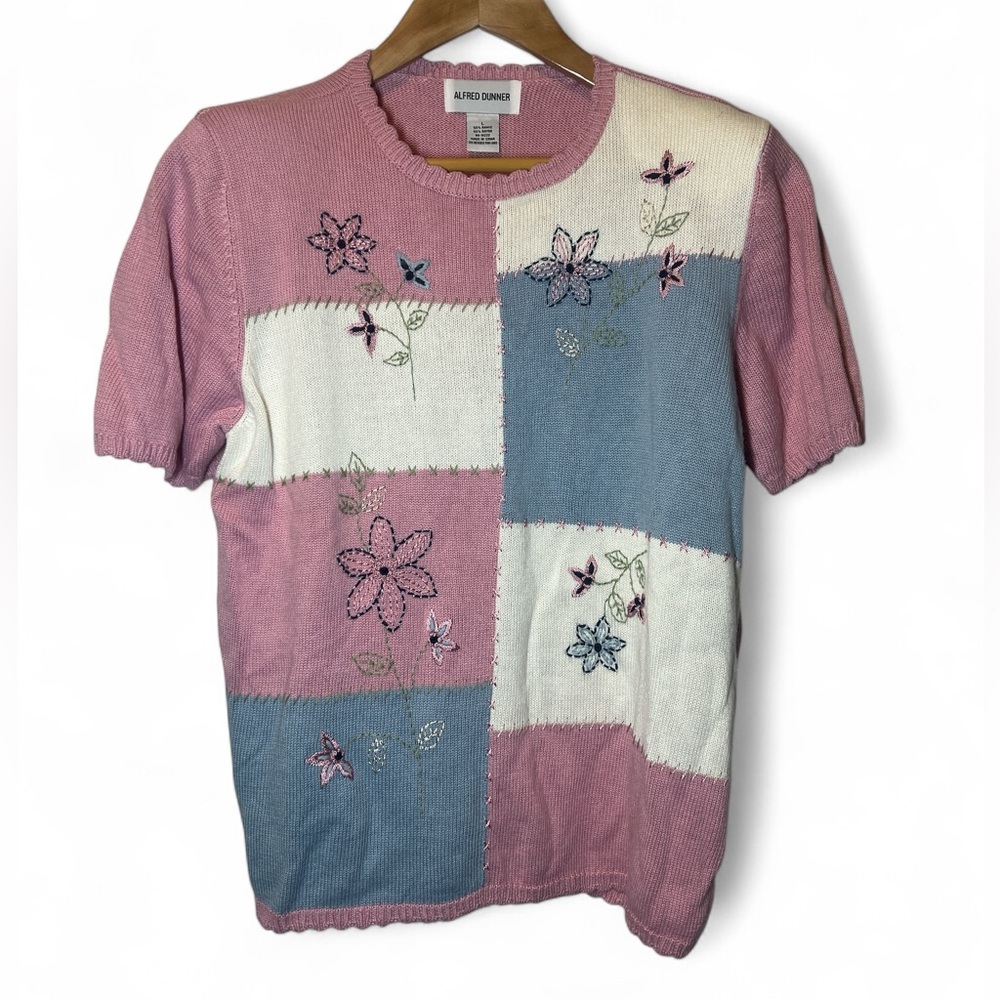 Alfred Dunner Pink Blue Pullover Embroidery Sweater Cottagecore Butterfly L